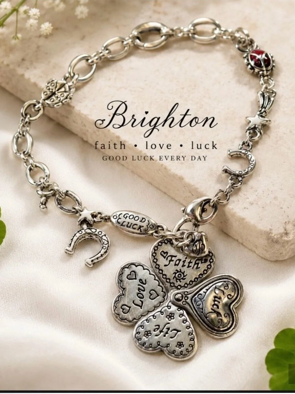 Brighton Silver Folding Four Leaf Clover Charm Bracelet. Good Luck Irish EUC!